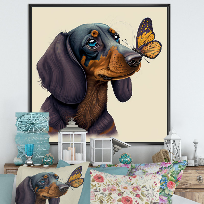 Caricature de bachshund avec papillon - reproduction sur toile, H 16 po x l 16 po x P 1 po, Toile avec cadre flottant noir