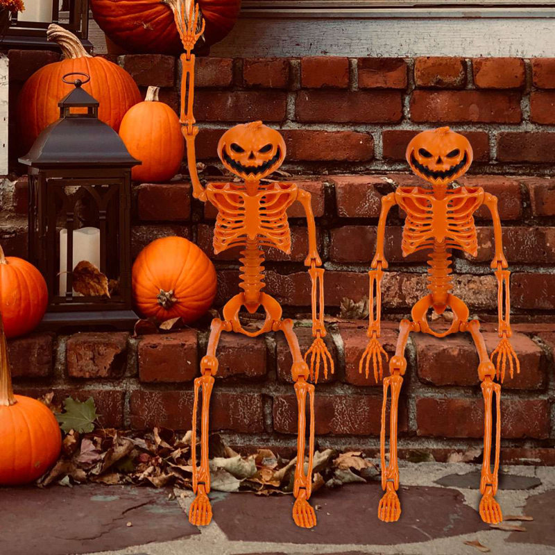 Ensemble de 2 décorations d'Halloween squelette tête de citrouille posable