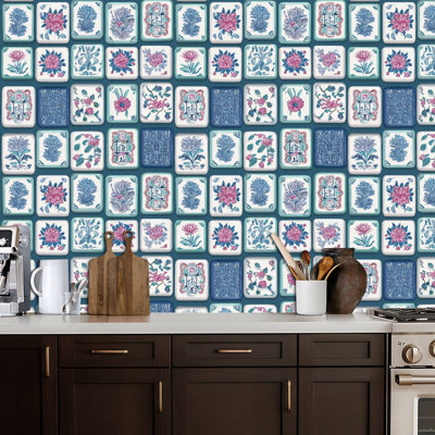 Peel and Stick Wallpaper Colorful Mahjong Tile Floral Botanical Designs Blue Contact Paper Removable Self Adhesive Wall Mural Wall Decor for Bedroom Kitchen Cabinets 24in x 118in