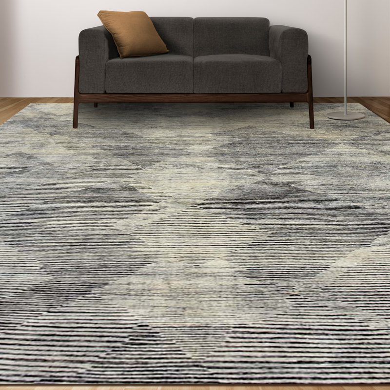 Tapis rayé en laine noué à la main ivoire / noir, Rectangle 12 pi x 15 pi