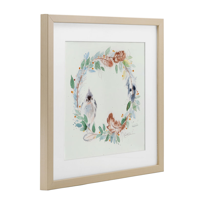 «Wispy Bird & Botanical Wreath», reproduction encadrée sous verre, conception de Cady, Cadre de récolte en pin