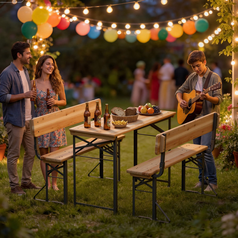 44 In. Rectangle Wood Picnic Table Iron Frame With Backrest Bench Seats, 29.3" H x 44" W x 19.7" D