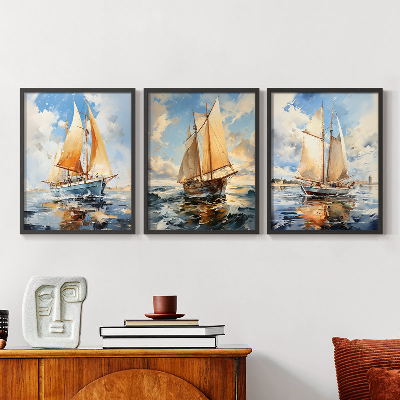 Série Sea and Shore Lxxi -Set de 3 estampes numériques giclées -Prêt à accrocher, Noir, noir, noir, noir, H 10 po x l 24 po