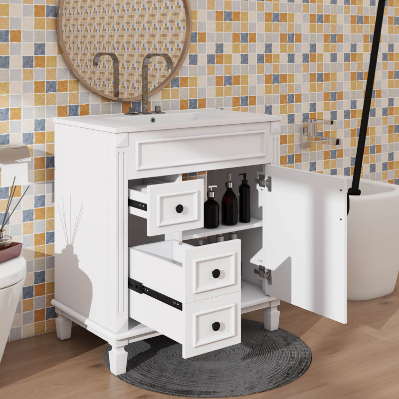 Meuble-lavabo moderne de 30 po avec lavabo, 2 tiroirs à gauche, tablette réglable et portes à fermeture douce, Blanc