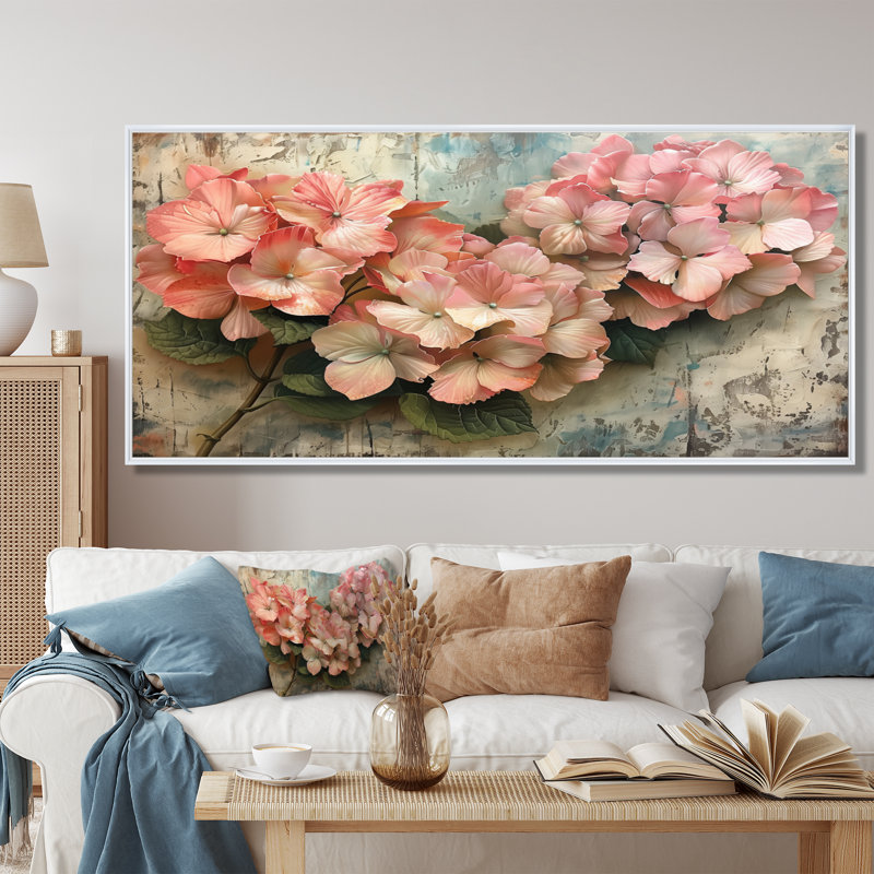 Rose et gris, hortensia, charme champêtre I - hortensia, art mural, H 28 po x l 60 po, Cadre flottant blanc