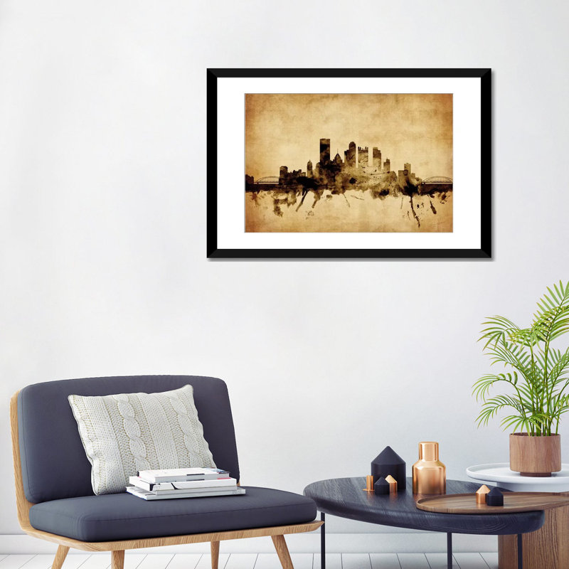 Foxed (rétro) série d’horizons : pittsburgh, pennsylvanie, états-unis, impression sur toile tendue, Papier d'art encadré noir
