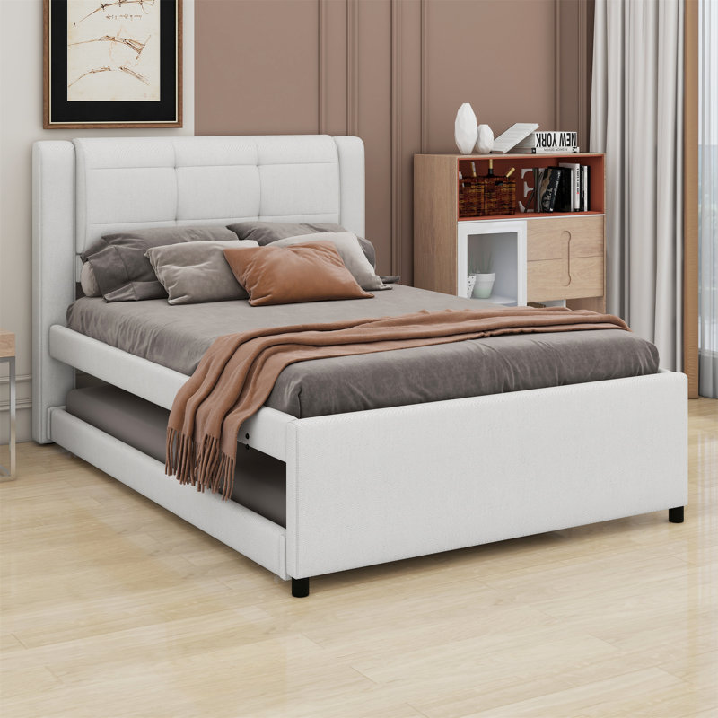Lit plateforme tapissier avec lit gigogne, Beige