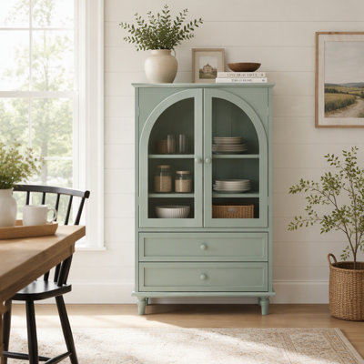 Farmhouse Storage Cabinet, Arched Tempered Glass Door Buffet Sideboard with Tiered Top, 2‑Drawer Pantry Cabinet for Kitchen Dining Living Room Entryway Coffee Bar