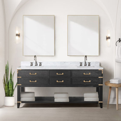 Black Oak Double Bath Vanity, Hand - Sealed Marble Top, Soft Close, 34 In. Mirrors, Bathroom Use 72 W Four Drawers, Close Feature