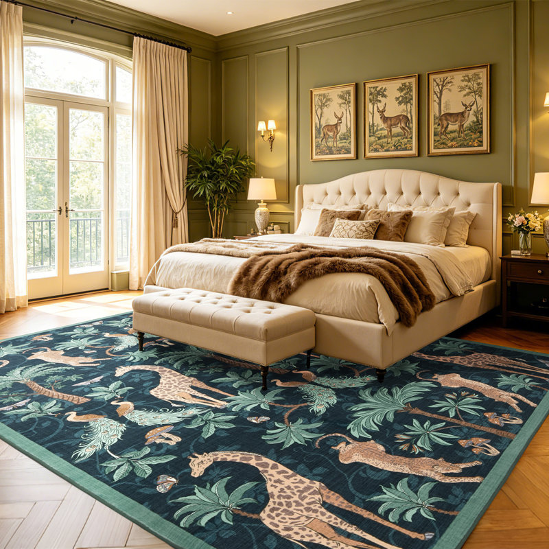 Tapis lavable à motif botanique tropical, Blue, Rectangle 8' x 10'