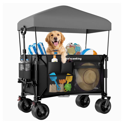 Chariot pliant multifonctionnel avec auvent amovible et poignée réglable, chariot utilitaire en acier robuste avec roues tout-terrain pour le camping, la plage et le transport d'épicerie, noir