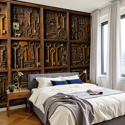 Papier peint à peler et coller Steampunk, clés en laiton antique, engrenages mécaniques rétro, décorations murales en bois, H 100 po x l 144 po, papier peint amovible en PVC, adhésif mural pour chambre à coucher, bureau à domicile