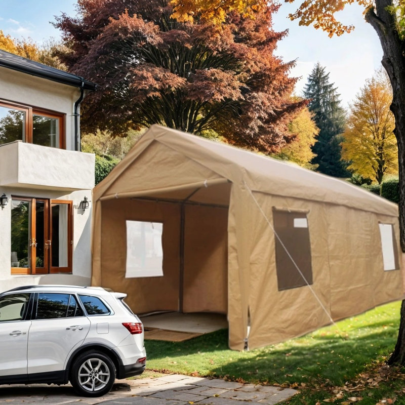 Heavy-Duty Outdoor Polypropylene Garage Shed, Sand, 117.97" H x 146.05" W x 241.82" D