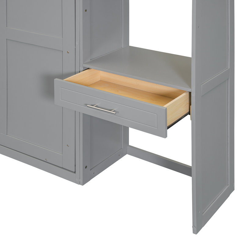 Lit escamotable mural avec bureau, armoire supérieure et tablettes de rangement, lit pliable peu encombrant, gris, Grand