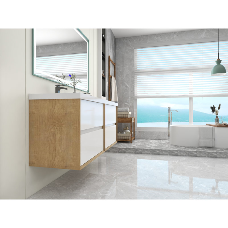 Seavy 59'' Double Bathroom Vanity with Acrylic Top, Gloss White