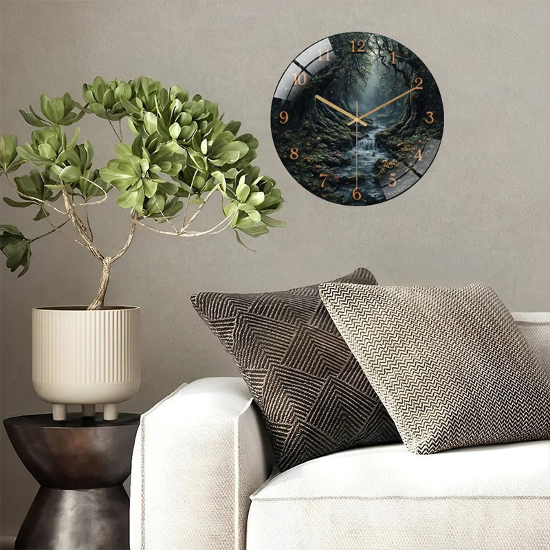 Horloge murale forêt en bois avec chiffres et cascade - 12 po
