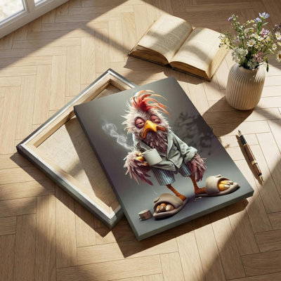 Drôle de poulet, art mural sur toile, élégant et charmant, rétro, usure de poulet, pantoufles, décoration murale, animaux éclectiques, affiche pour salle à manger