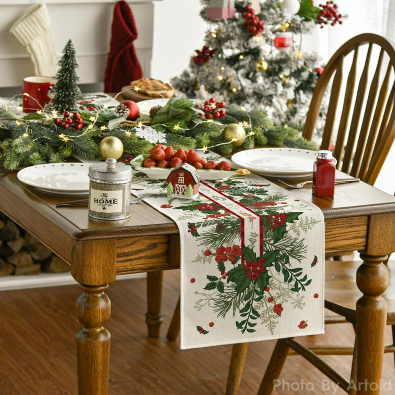 Holly Pine Cone Leaves Floral Christmas Table Runner, Seasonal Winter Kitchen Dining Table Decoration For Home Party Decor 13X72 Inch