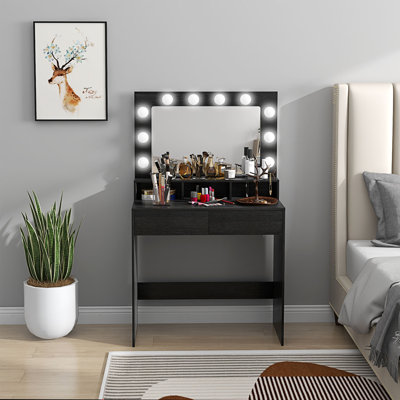 Vanity Table with LED Mirror, Makeup Desk with 2 Drawers, Black