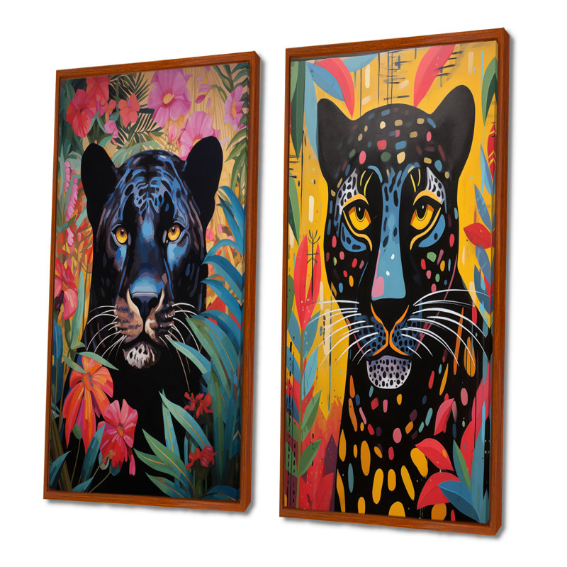 Panthère dans un paysage de jungle coloré III - ensemble d'art mural animal panthère 2 pièces, H 32 po x l 32 po