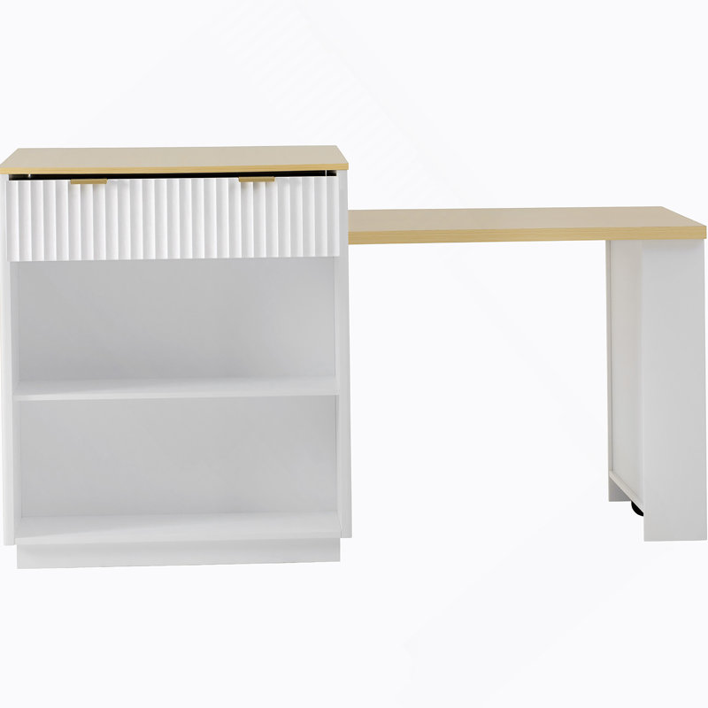 Fluted Kitchen Island With Extendable Dining Table, Power Outlet,  Double-side Storage, 2 Drawers And 2 Side Open Shelves