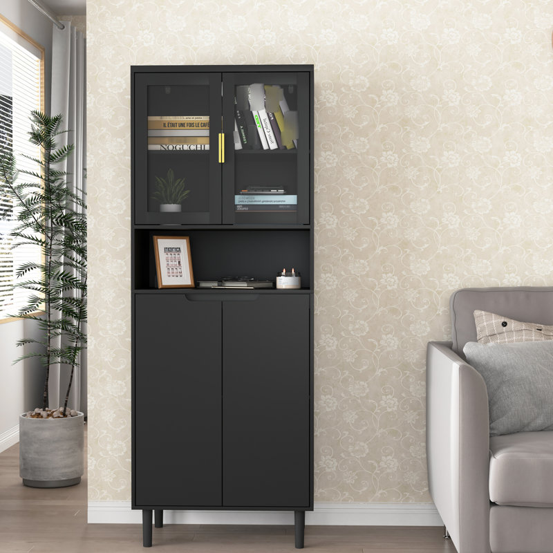 Armoire de rangement haute avec portes vitrées noires en verre trempé, 4 portes, réglable pour chambre à coucher, salon et