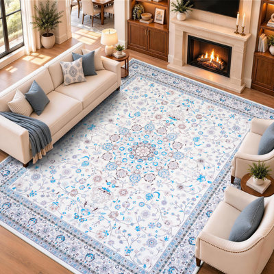 Tapis de sol vintage bleu à motif floral médaillon, lavable à la machine et antidérapant