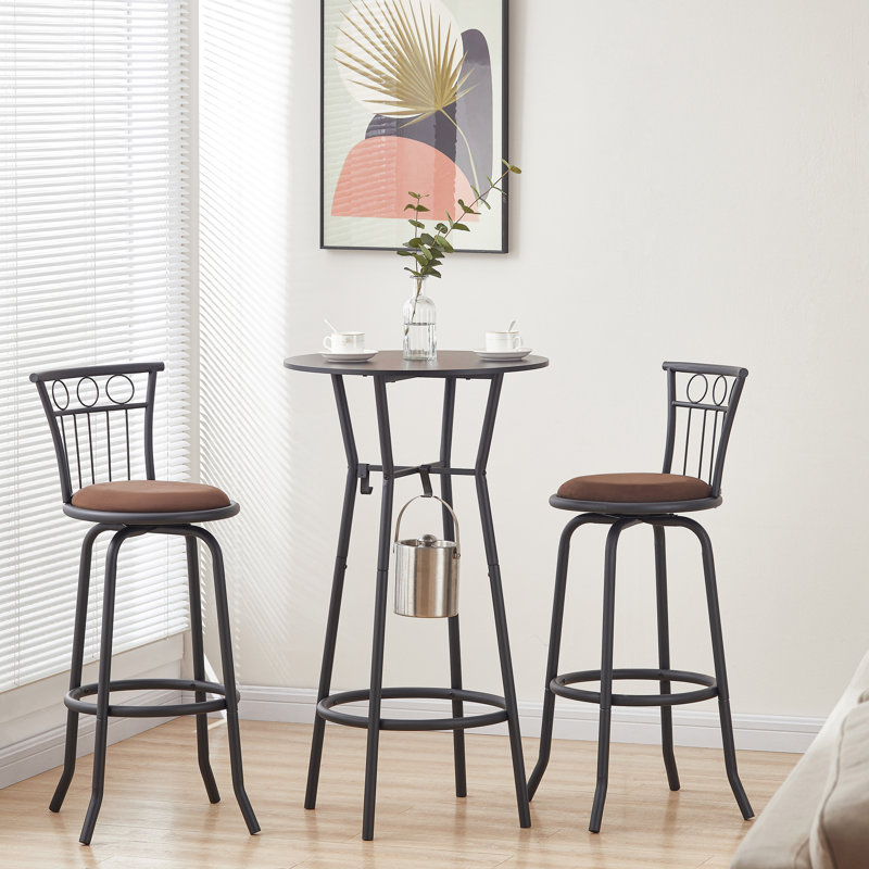 3 Bar Table and Chairs Set Dining Room Industrial Counter Height Bar Chairs with Metal Back Fabric Seat