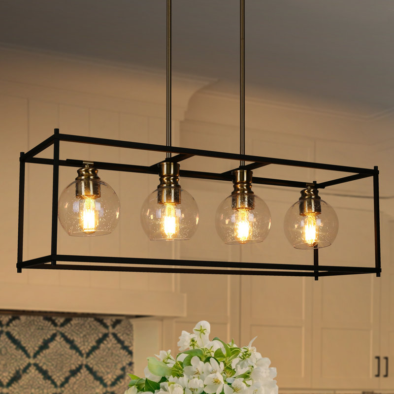 Jorinde 4-Light Modern Farmhouse Rectangle Black Metal  Chandelier with Seeded Glass Shade