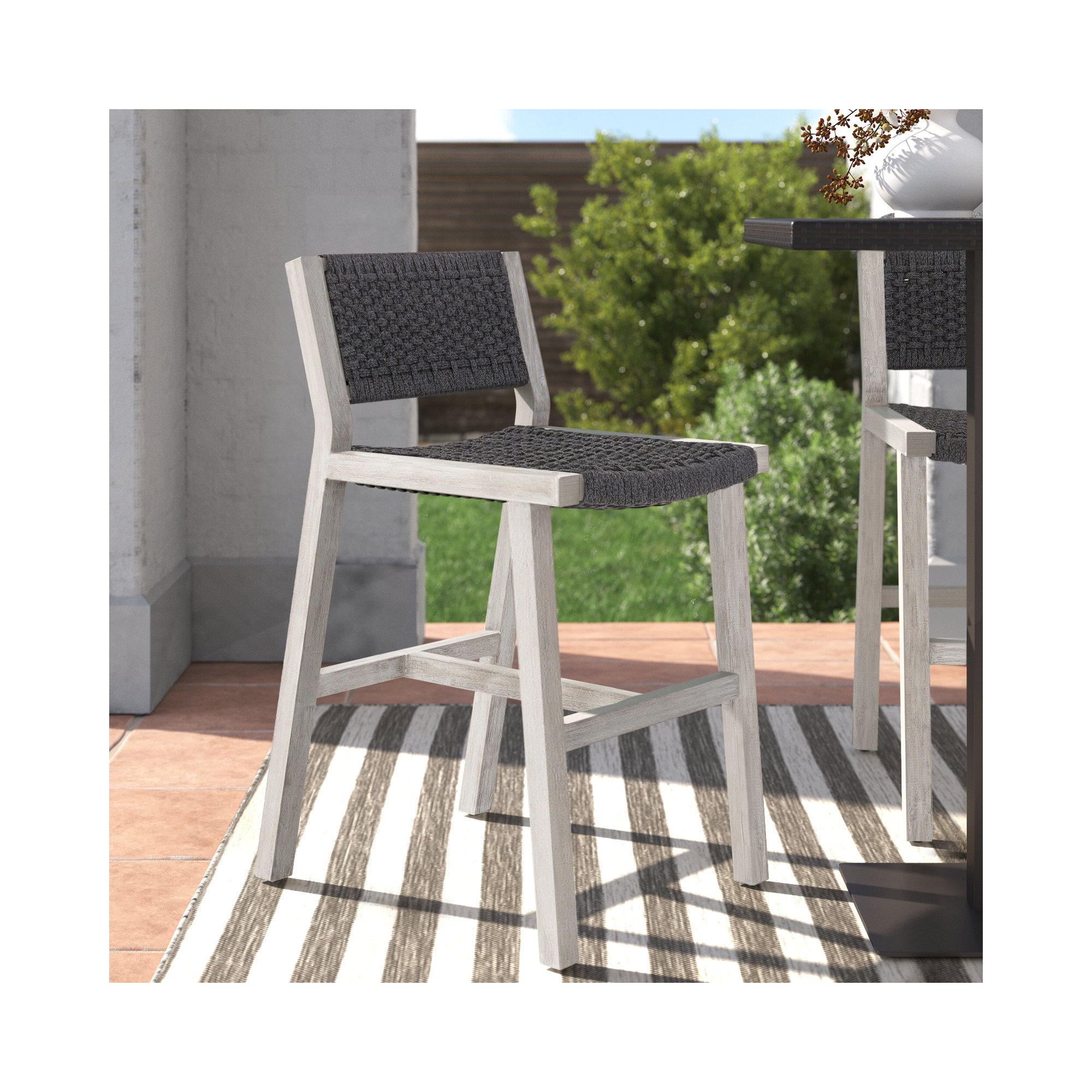 Shea Teak Outdoor Bar Stool, Weathered Gray, Thick Gray Rope, Bar Stool (29" Seat Height)