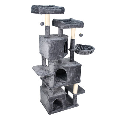 GOOPAWS Multi-Level 57-in Faux Fur Cat Tree & Condo with Hammock, Dark Grey