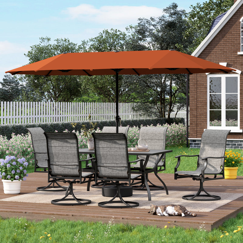 Rectangular Metal 6-People Patio Dining Set With Umbrella, Beige