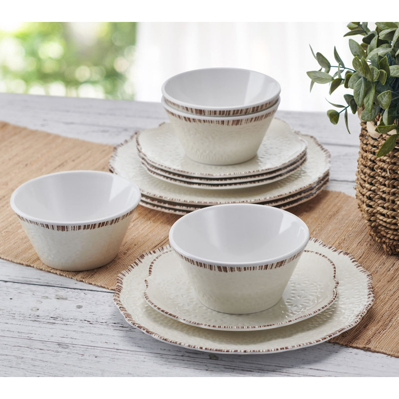 White Embossed Melamine Dinnerware Set, Service for 4