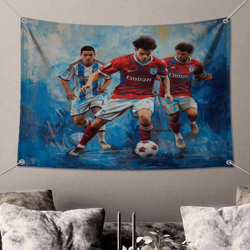 Tapisserie murale «Soccer joueurs in action» - décoration murale soccer, H 104 po x 88 avec 4 œillets