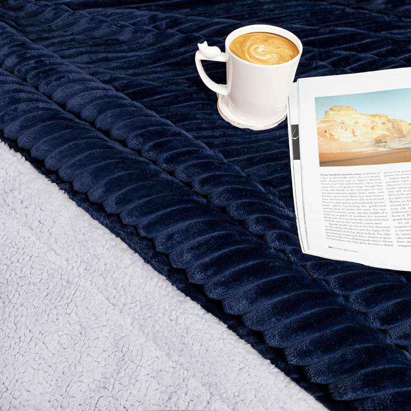 Navy Blue Reversible Sherpa Fleece Throw Blanket