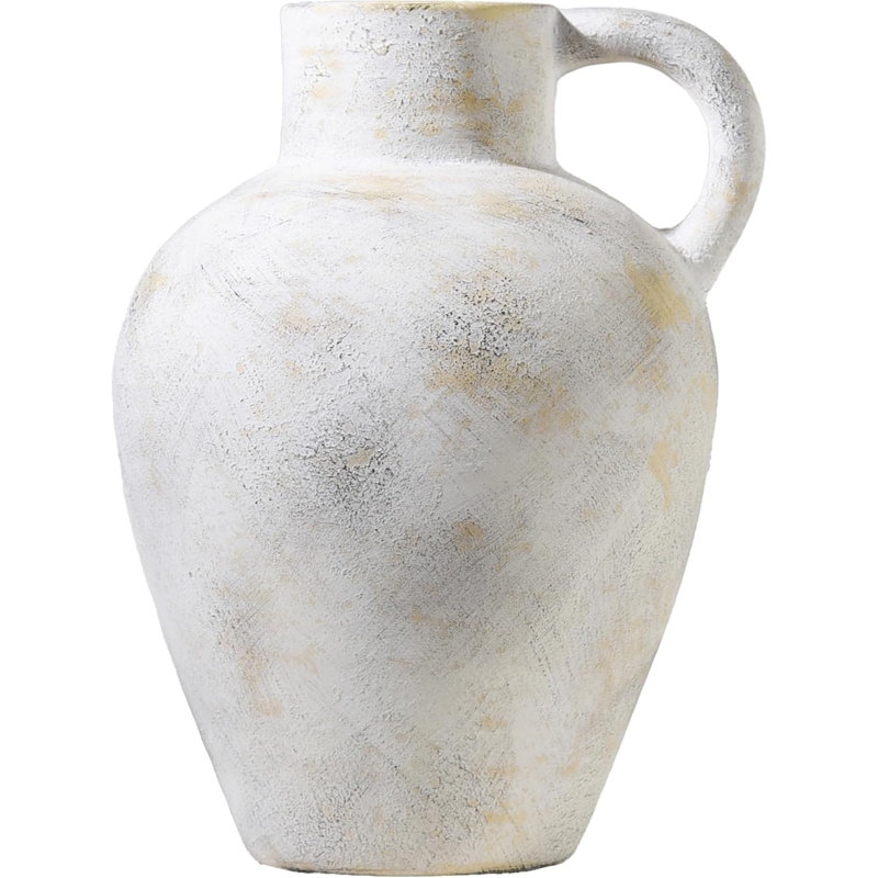 Large Ceramic Flower Vase With Eroded Texture, Rustic Farmhouse Centerpiece, Boho Decorative Stoneware Jar With Handle, Vintage Matte Finish For Home Décor