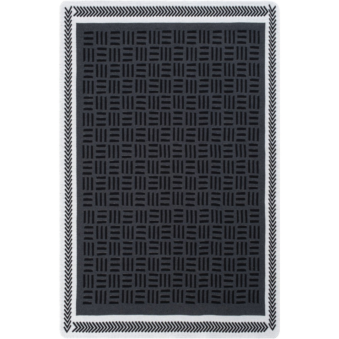 Black Geometric,Bordered Living Room Rug, Machine Made using Cotton with Grey, White and Modern design