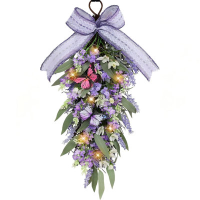 Faux Lavender & Butterflies, Farmhouse Spring wreath, front door swag, eucalyptus, gardenias, purple bow, warm lights, indoor outdoor decor