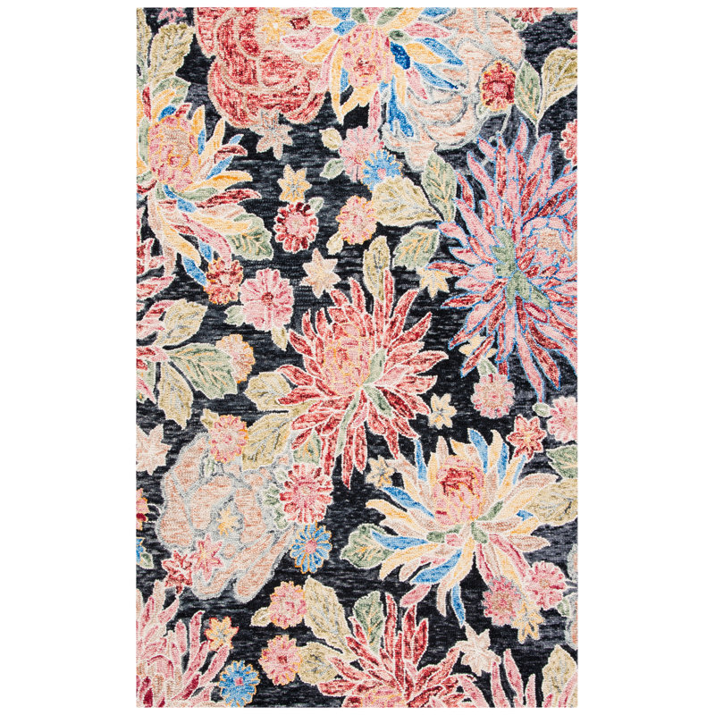 Delman Hand Tufted Wool/Cotton Floral Rug in Red/Charcoal, Rectangle 3' x 5'