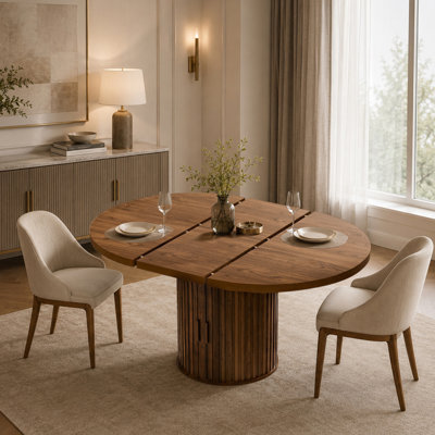 Table de salle à manger ronde extensible de 110 à 150 cm avec rangement dissimulé et caisson coulissant cannelé, table moderne en bois pour salle à manger et salon, fini noyer