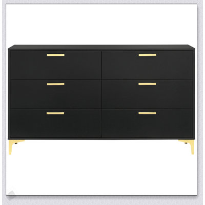 Commode rectangulaire à 6 tiroirs Lexie noire et dorée avec rangement spacieux et poignées en métal durables pour les intérieurs modernes
