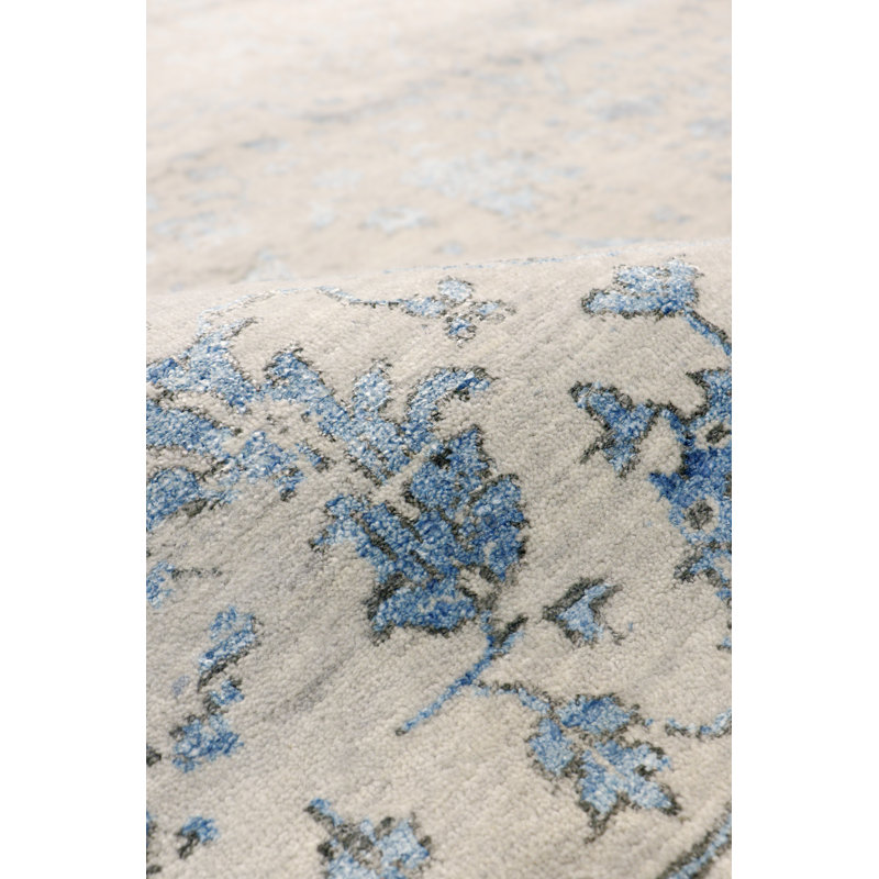 Tapis rectangulaire bleu transitionnel en laine / soie / rayonne de bambou noué à la main, Rectangle 8 pi 5 po x 11 pi 8 po