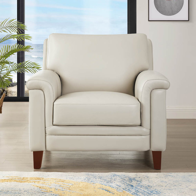 Fauteuil club en cuir véritable de 37,5 po Marineta, Cuir véritable blanc