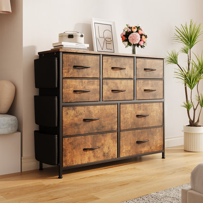 Commode 10 tiroirs, commode pour chambre à coucher avec poches latérales et crochets, unité de rangement en tissu pour le salon, la chambre de bébé, le couloir, le placard
