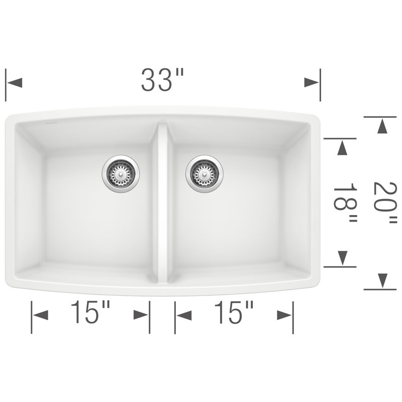 Évier de cuisine en granite à double cuve encastrable L 33 po x l 20 po Performa Silgranit, Blanc