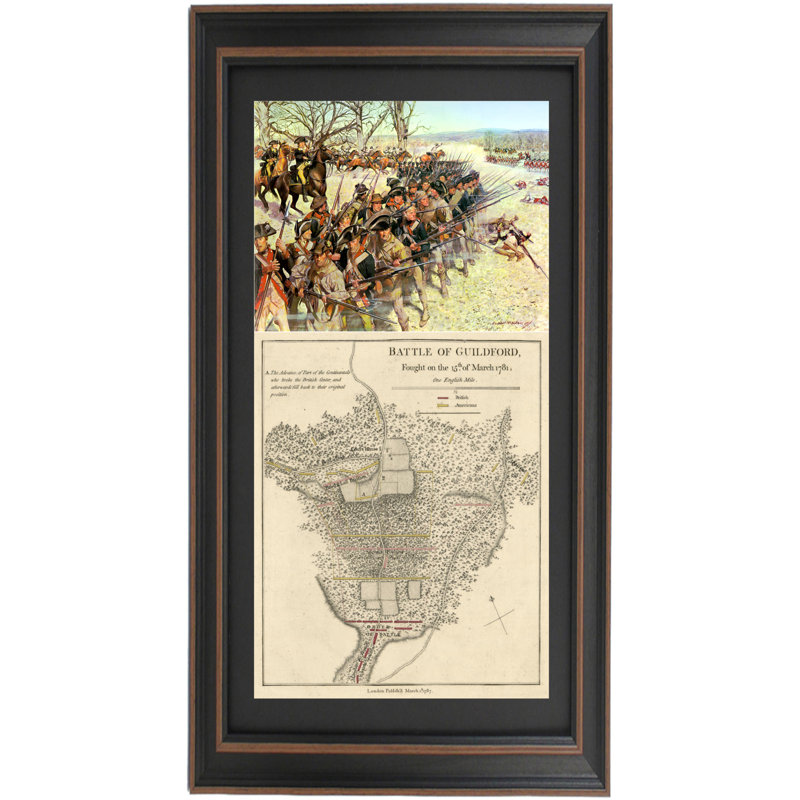 Illustration encadrée de la bataille de Guilford et carte du champ de bataille, H 36 po x l 21 po