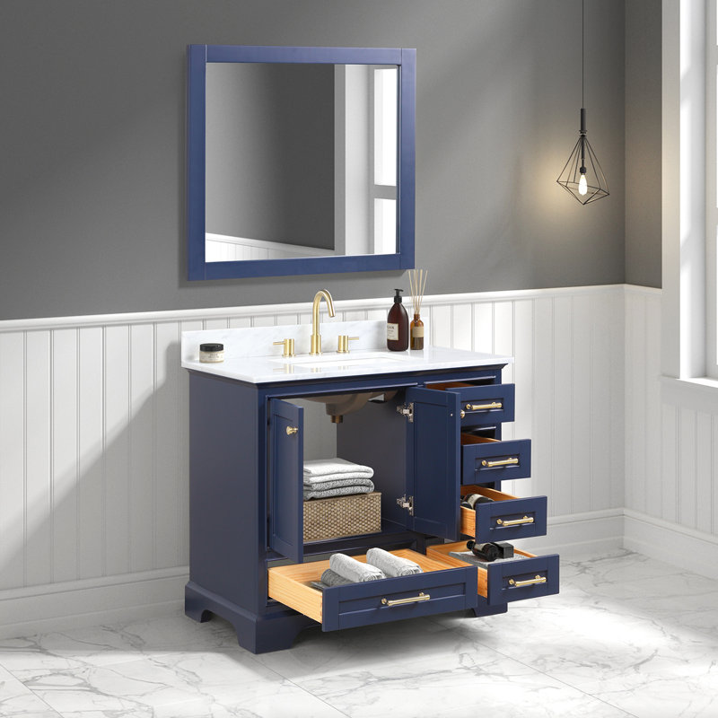 Meuble-lavabo simple 37 po avec plateau en marbre de Carrare et miroir Bartonsville, Bleu