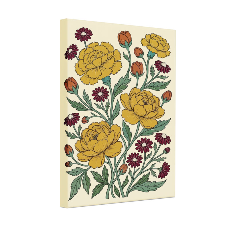 Plantes et fleurs Fleurs jaunes et fleurs mauves sur fond crème, H 36 po x l 24 po