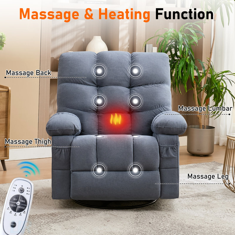 Massage Swivel Recliner Chair With Vibration And Lumbar Heating, Oversized Rocker For Adults, 350LBS Capacity, Side Pocket And USB Port