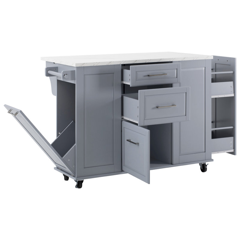 50.7" Kitchen Island with Storage Tilt Trash Can Cabinet and Pull Out Cabinet Organizer, Rolling Kitchen Island on 5 Wheels with Drop Leaf, 2 Drawers, 1Door for Kitchen, Dining Room